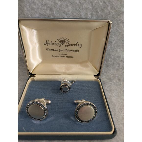 Hadley Holmberg Jewelry Set Mens Silver Tone Cufflinks Tie Tack Pin - Picture 6 of 12